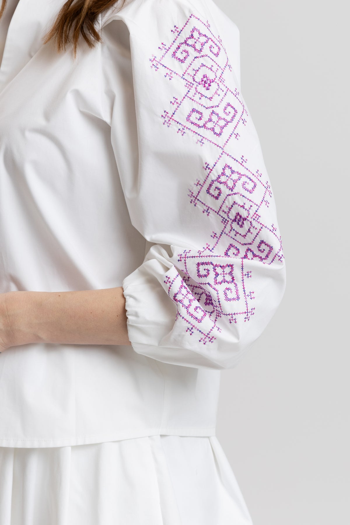 Tunic shirt with purple computer embroidery
