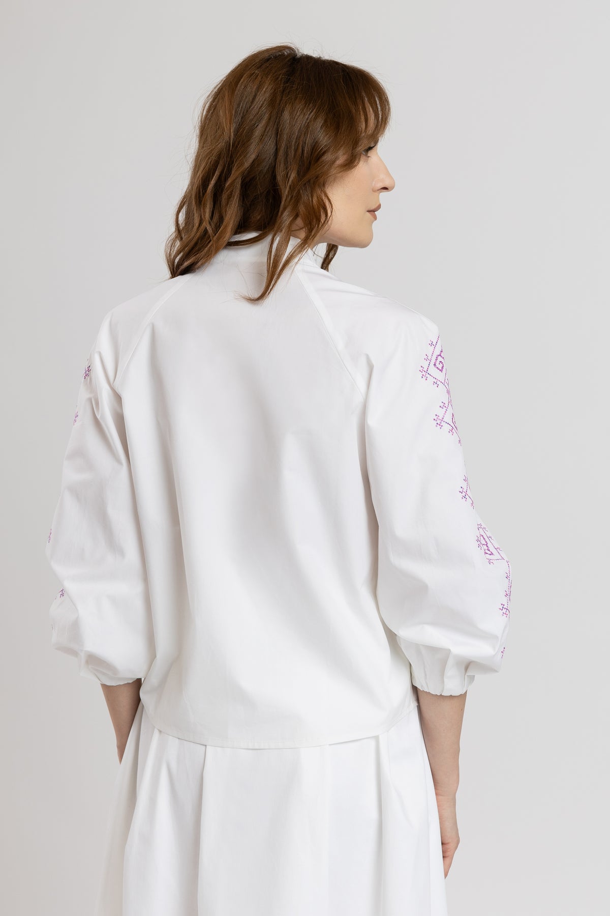 Tunic shirt with purple computer embroidery