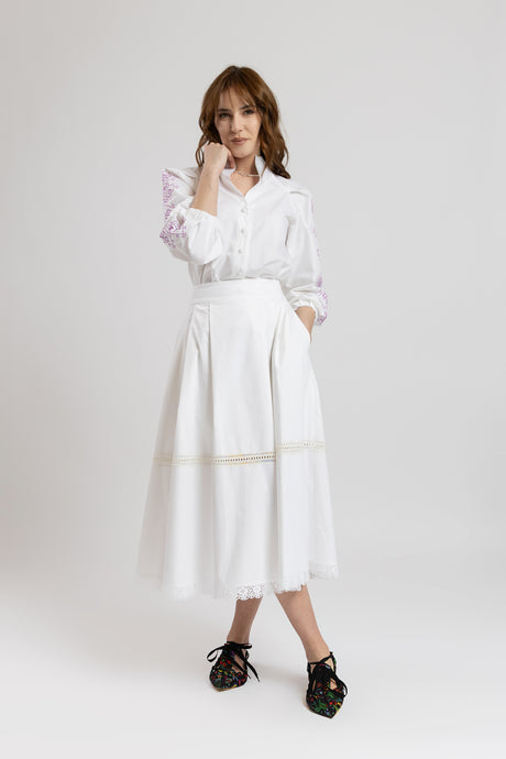 White cotton midi skirt with macrame inserts