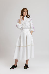 White cotton midi skirt with macrame inserts