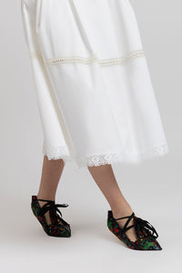 White cotton midi skirt with macrame inserts