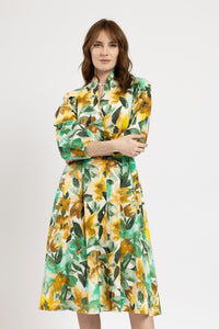Rochie camasa tip tunica cu imprimeu floral si maneci bufante