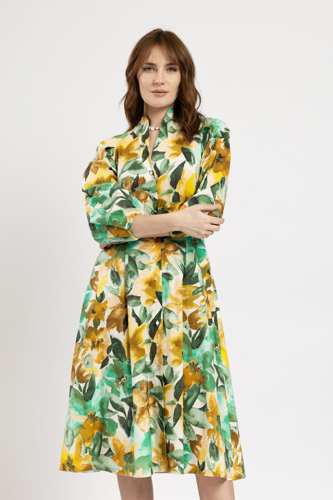 Incarca imaginea in galerie, Rochie camasa tip tunica cu imprimeu floral si maneci bufante