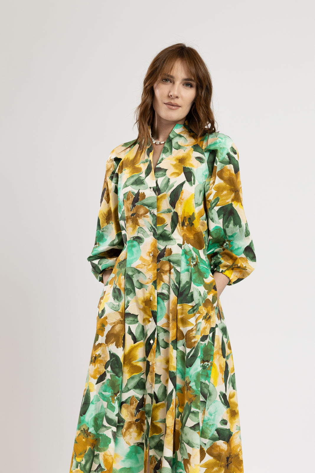 Incarca imaginea in galerie, Rochie camasa tip tunica cu imprimeu floral si maneci bufante