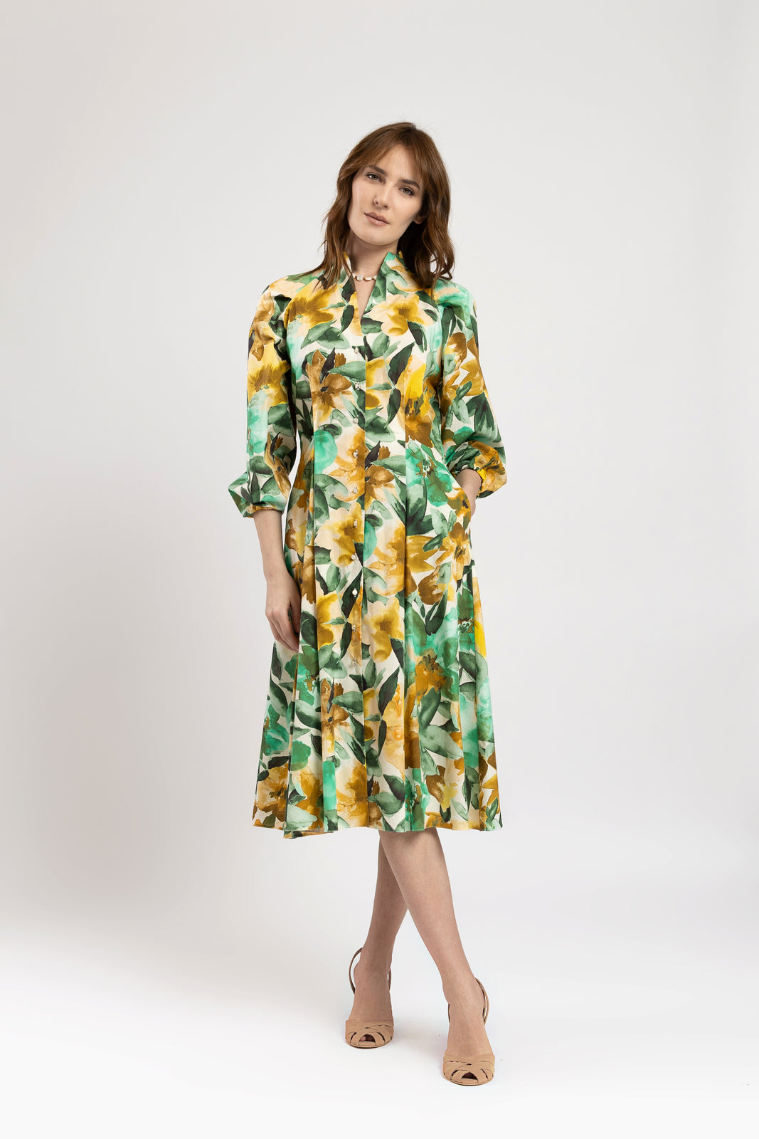 Incarca imaginea in galerie, Rochie camasa tip tunica cu imprimeu floral si maneci bufante