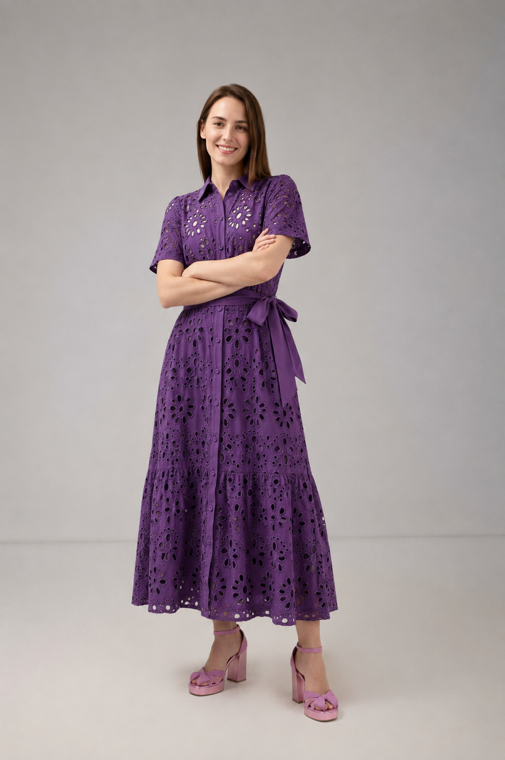 Incarca imaginea in galerie, Rochie Cămașă Lungă Mov cu Broderie Decupată