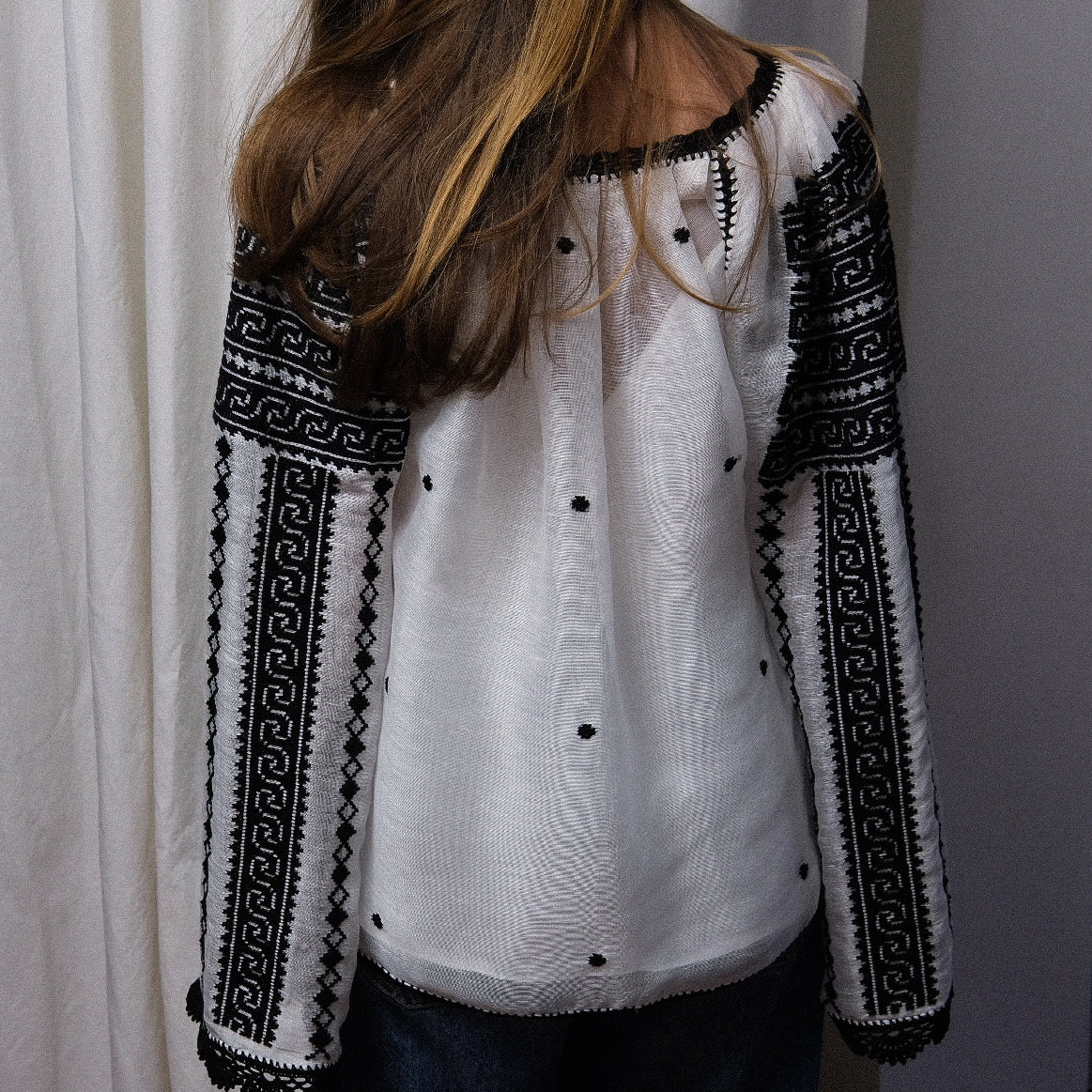 Load image into Gallery viewer, Traditional ie inspired blouse hand-stitched with black thread on silk marquisette