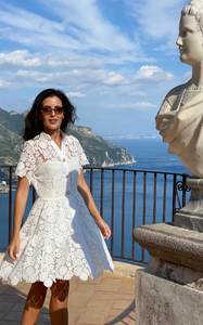 Short white floral lace dress with short sleeves