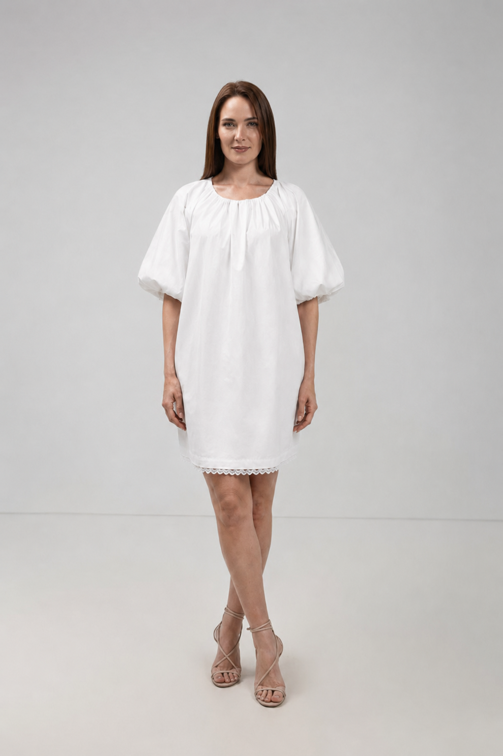Incarca imaginea in galerie, Rochie Scurtă Albă din Bumbac cu Mâneci Ample
