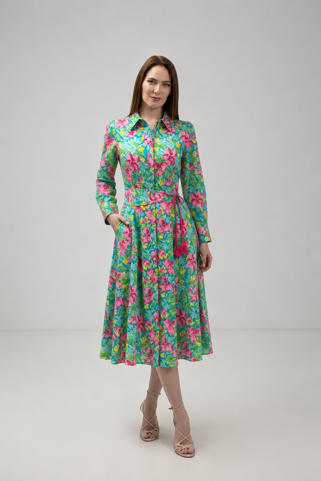 Incarca imaginea in galerie, Rochie Midi Florală cu Cordon în Talie și Buzunare Laterale