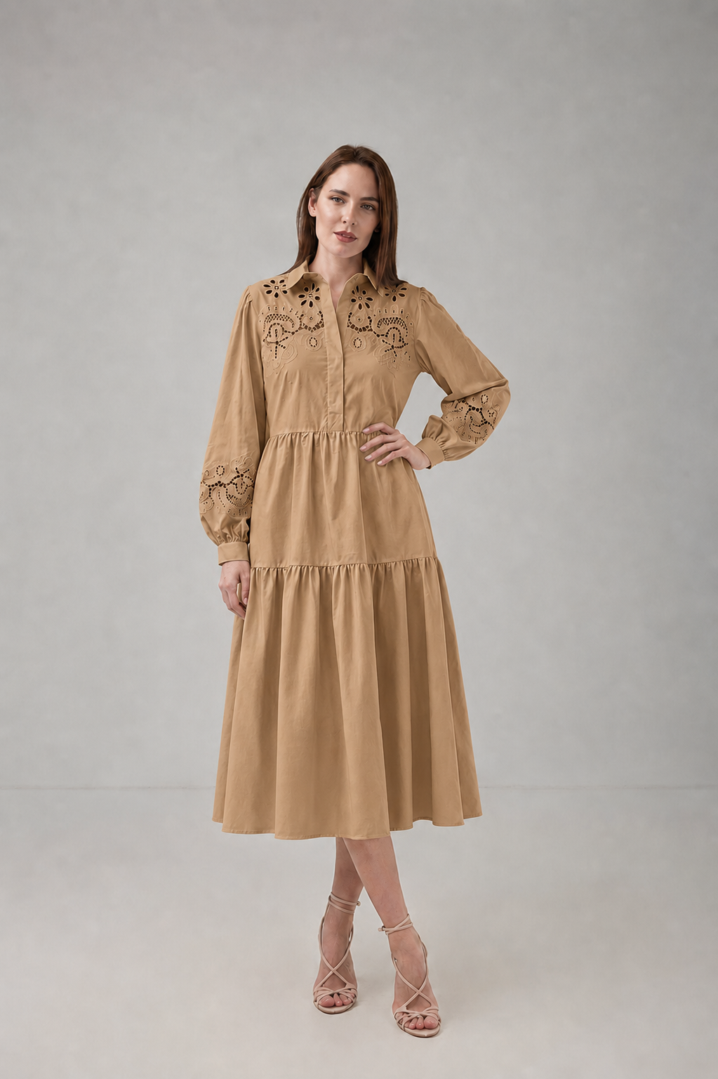 Load image into Gallery viewer, Dark green cotton shirt dress with macrame applications