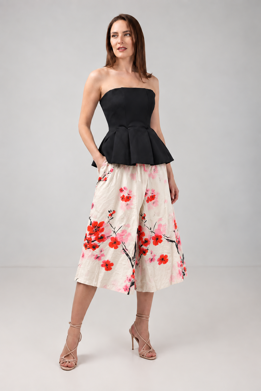 Incarca imaginea in galerie, Fustă-Pantaloni Ivoar cu Imprimeu Floral Roșu din Bumbac
