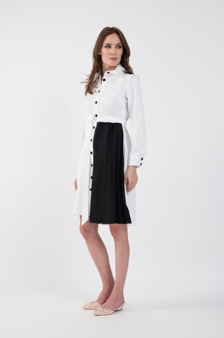 Rochie camasa din bumbac scurta alb/negru cu panou plisat