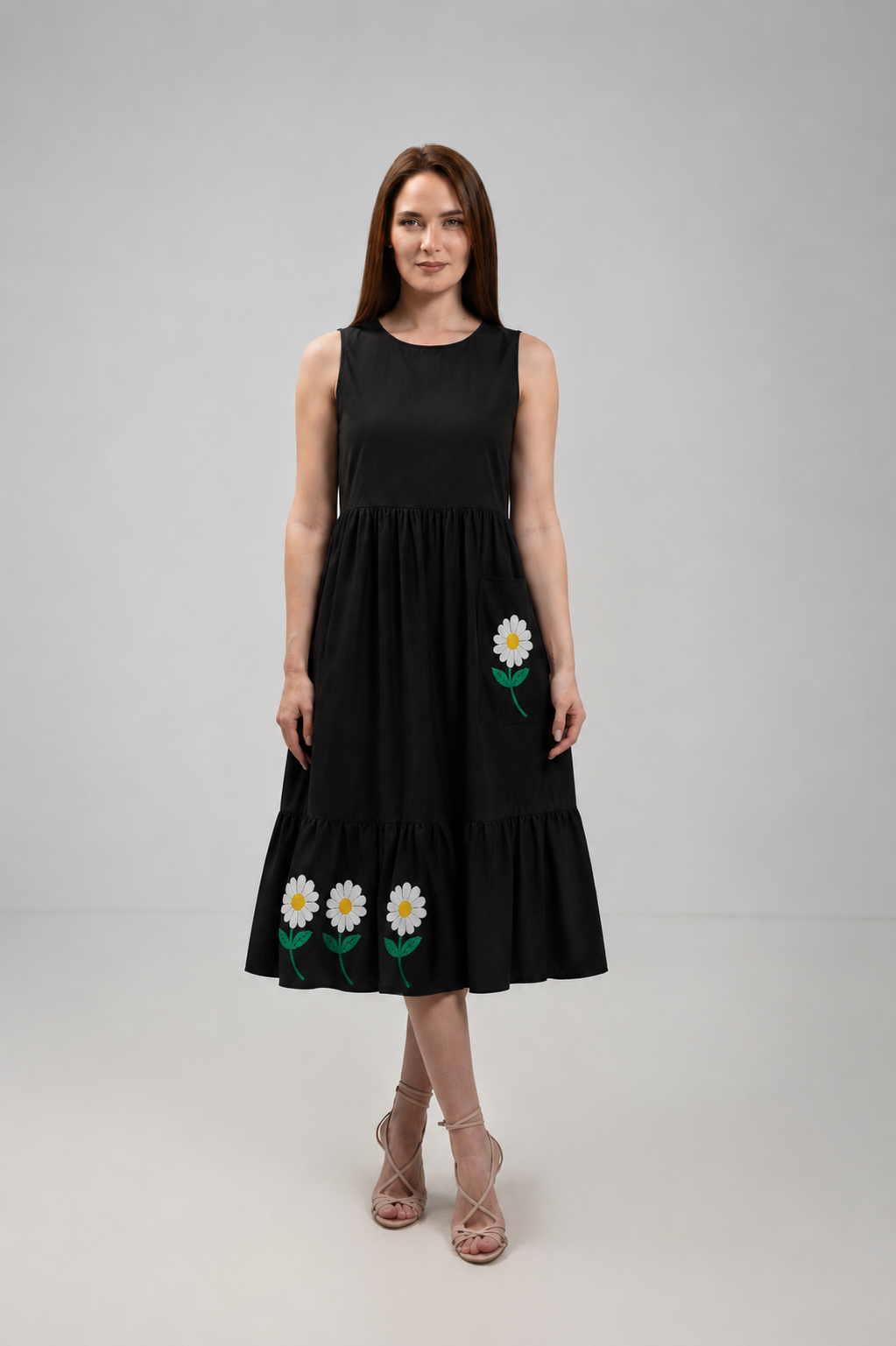Incarca imaginea in galerie, Rochie Midi Neagră Premium cu Margarete Decorative