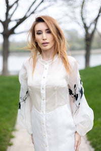 Organza shirt with ivory natural silk and floral embroidery