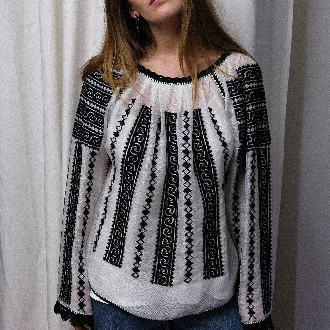 Load image into Gallery viewer, Traditional ie inspired blouse hand-stitched with black thread on silk marquisette