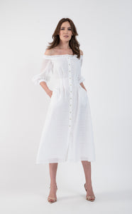 White organza dress with cut-out shoulders