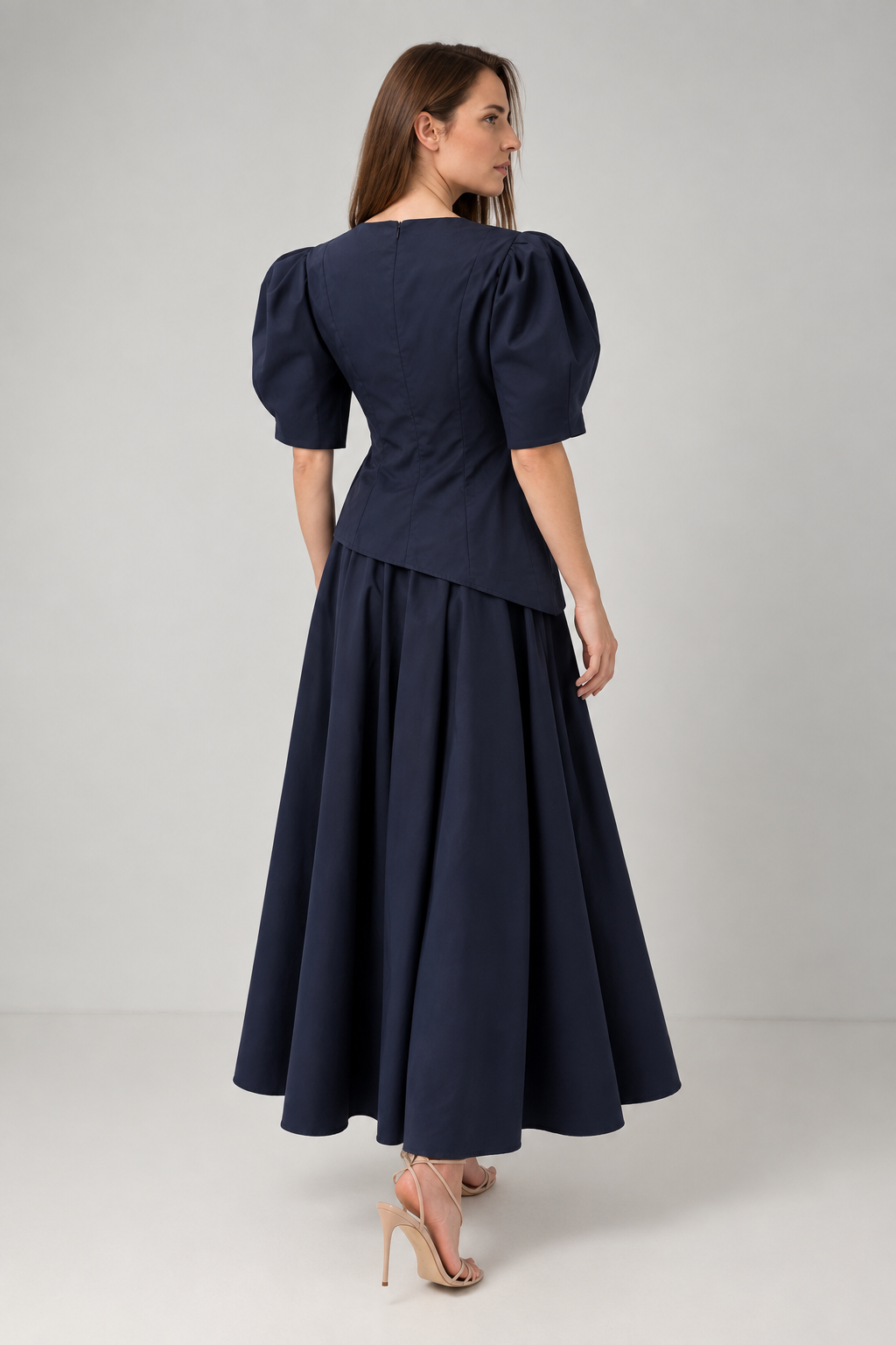 Incarca imaginea in galerie, Bluză Navy Blue Asimetrică din Bumbac cu Mâneci Bufante