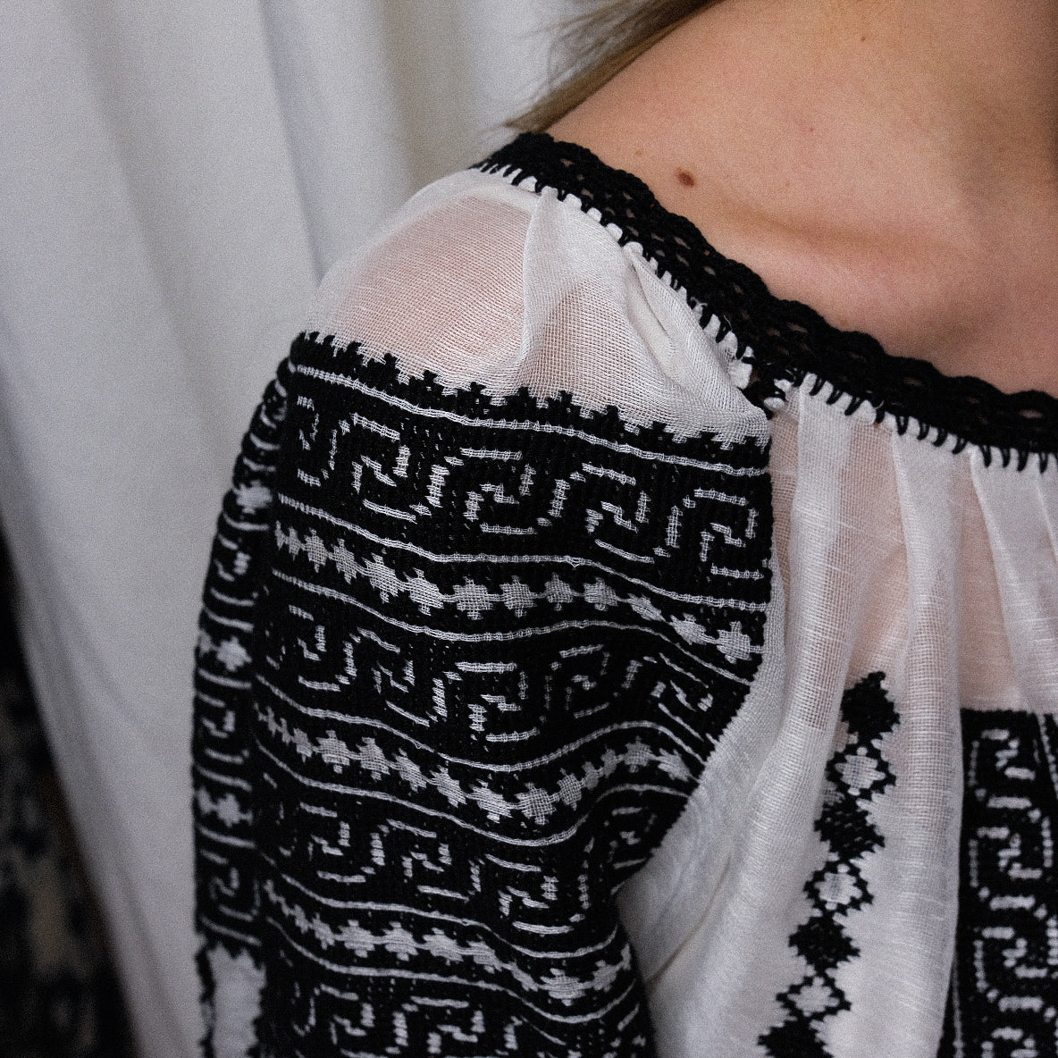 Load image into Gallery viewer, Traditional ie inspired blouse hand-stitched with black thread on silk marquisette