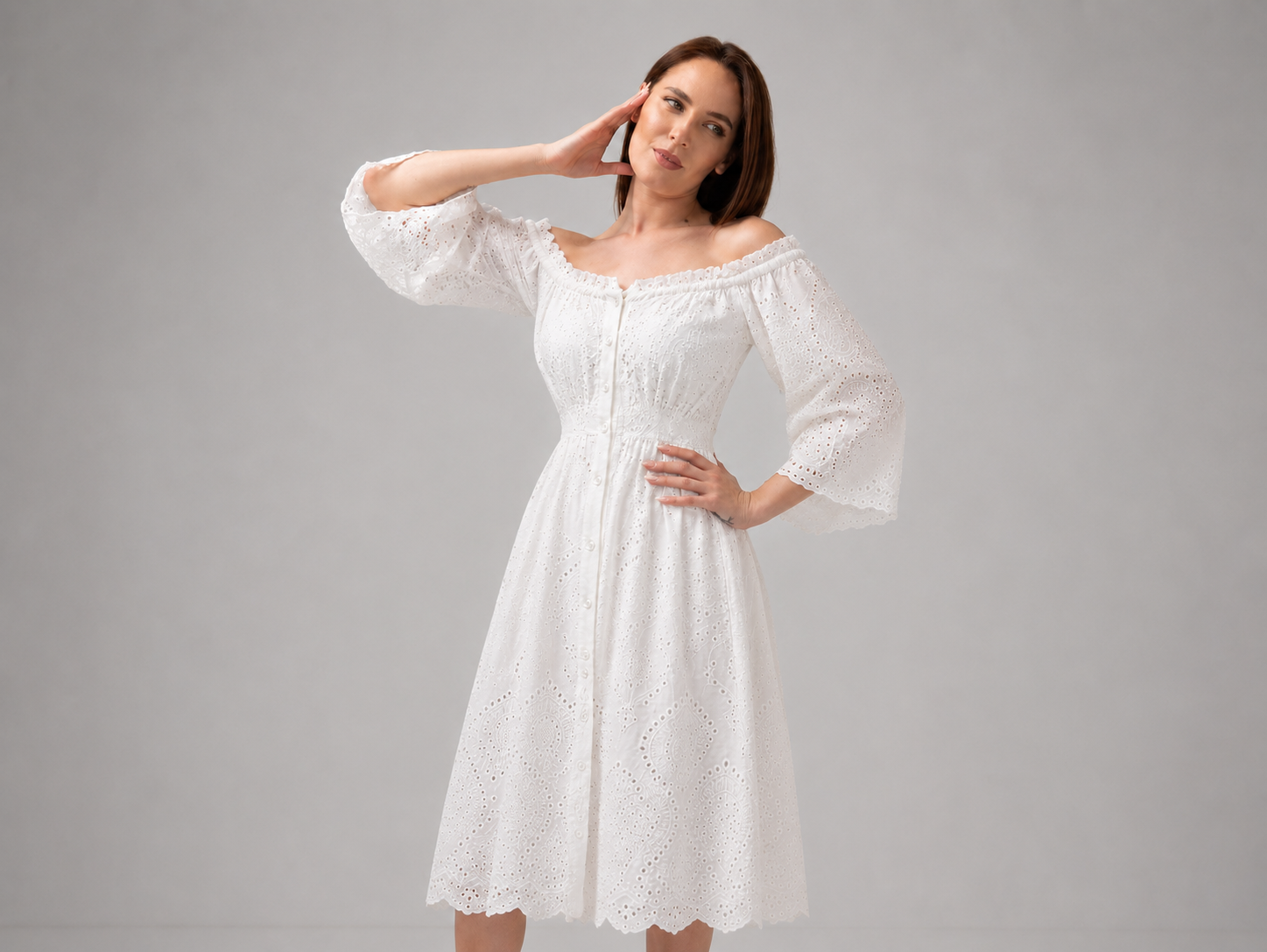Load image into Gallery viewer, Denim off-shoulder midi dress with broken embroidery