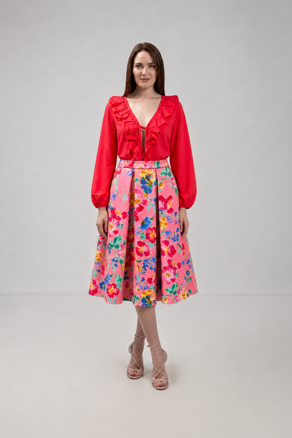 Incarca imaginea in galerie, Fustă Midi Amplă Roz cu Imprimeu Floral Multicolor