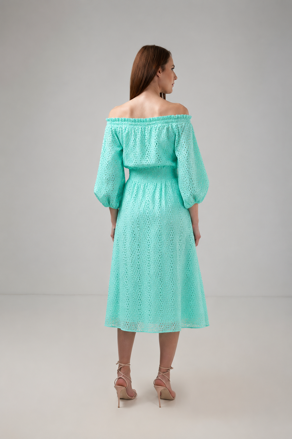 Load image into Gallery viewer, Denim off-shoulder midi dress with broken embroidery