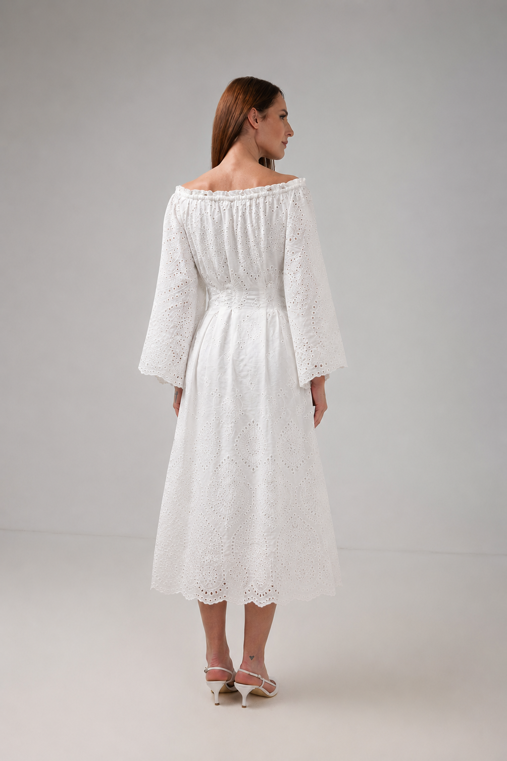 Load image into Gallery viewer, Denim off-shoulder midi dress with broken embroidery