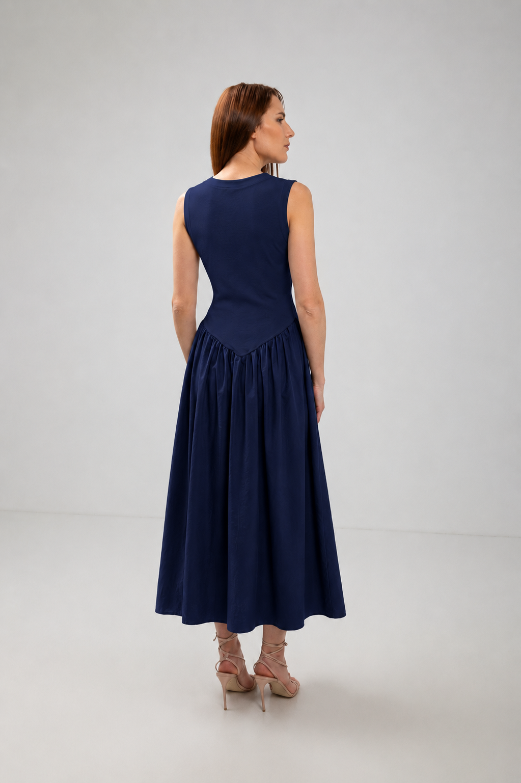 Incarca imaginea in galerie, Rochie Midi Cu Bust Din Jerse Și Fustă Amplă Din Bumbac Bleumarin