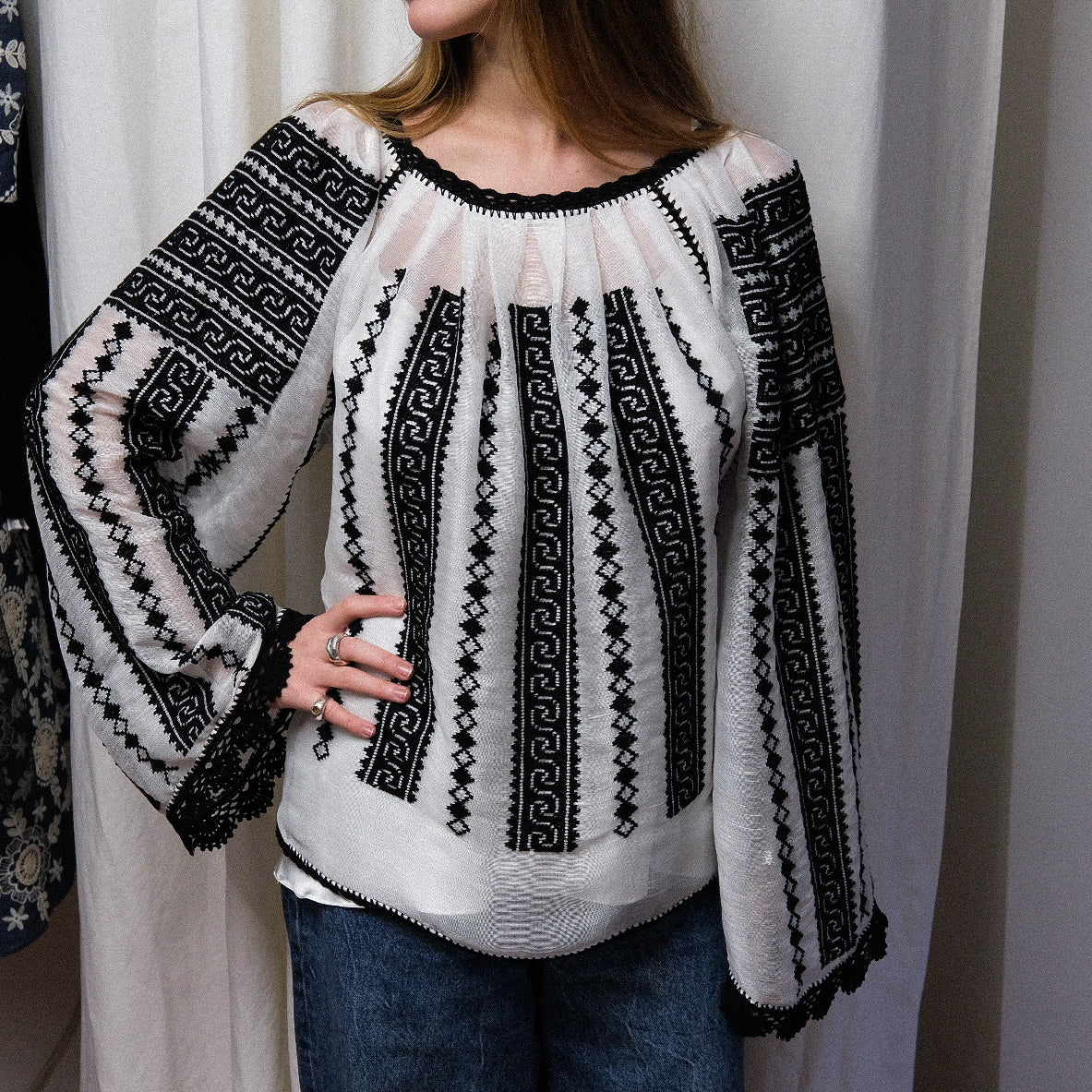 Load image into Gallery viewer, Traditional ie inspired blouse hand-stitched with black thread on silk marquisette