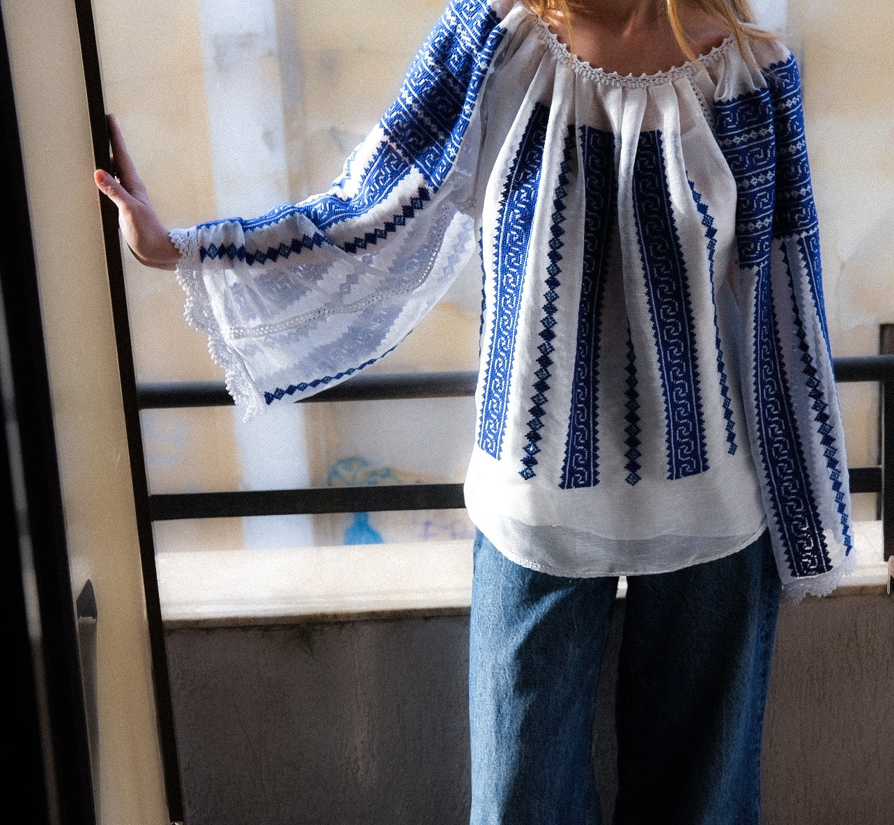 Load image into Gallery viewer, Traditional ie inspired blouse hand-stitched with black thread on silk marquisette