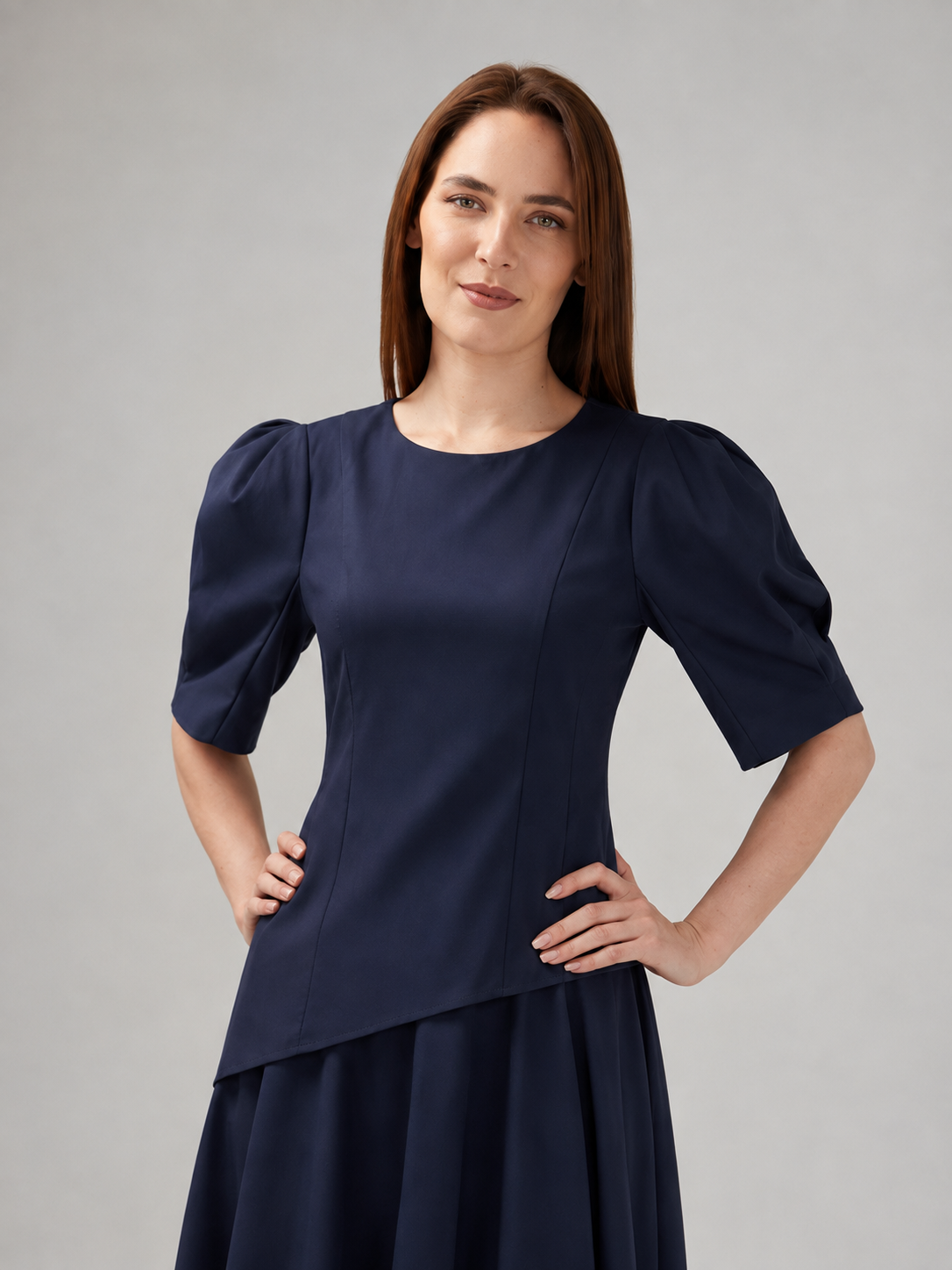Incarca imaginea in galerie, Bluză Navy Blue Asimetrică din Bumbac cu Mâneci Bufante