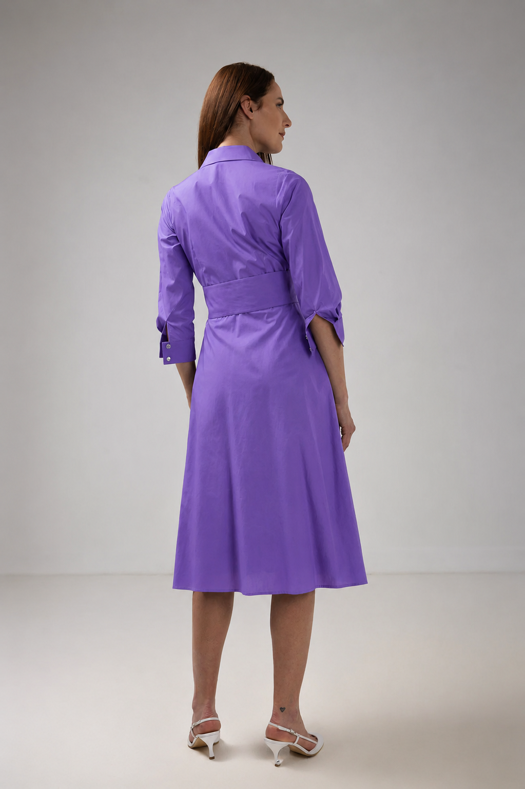 Incarca imaginea in galerie, Rochie-cămașă midi mov lila din bumbac premium cu detalii decorative și cordon în talie