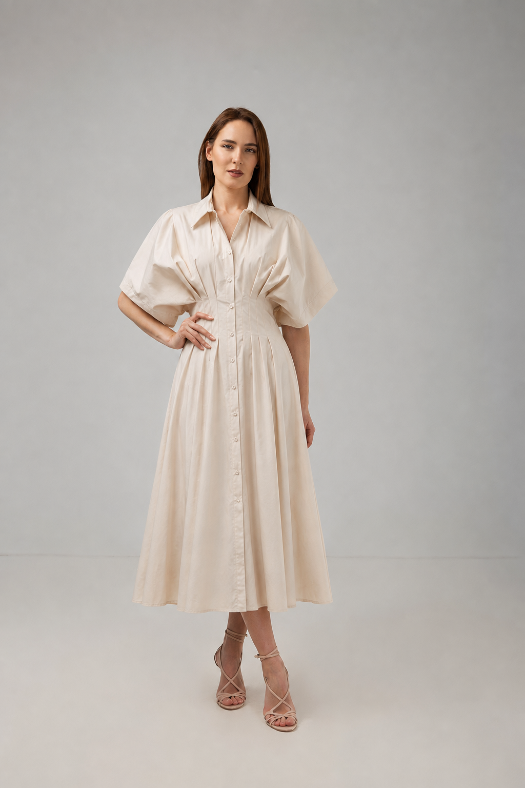 Incarca imaginea in galerie, Rochie Cămașă Crem cu Talie Cambrată și Mâneci Ample
