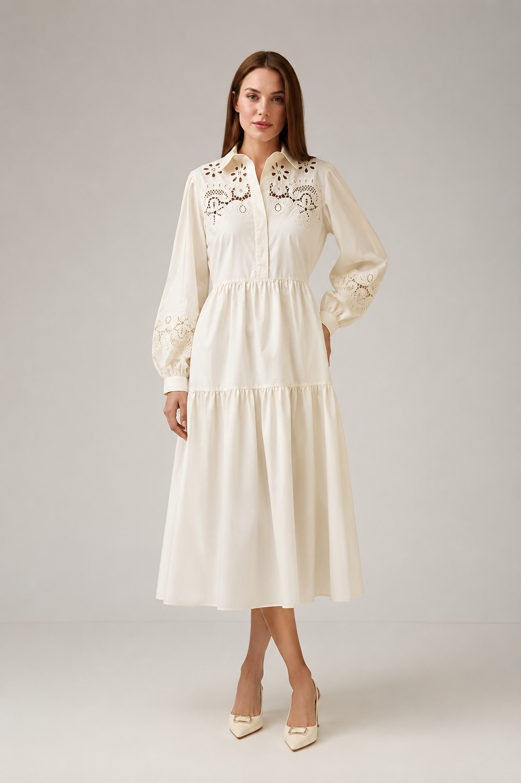 Load image into Gallery viewer, Dark green cotton shirt dress with macrame applications