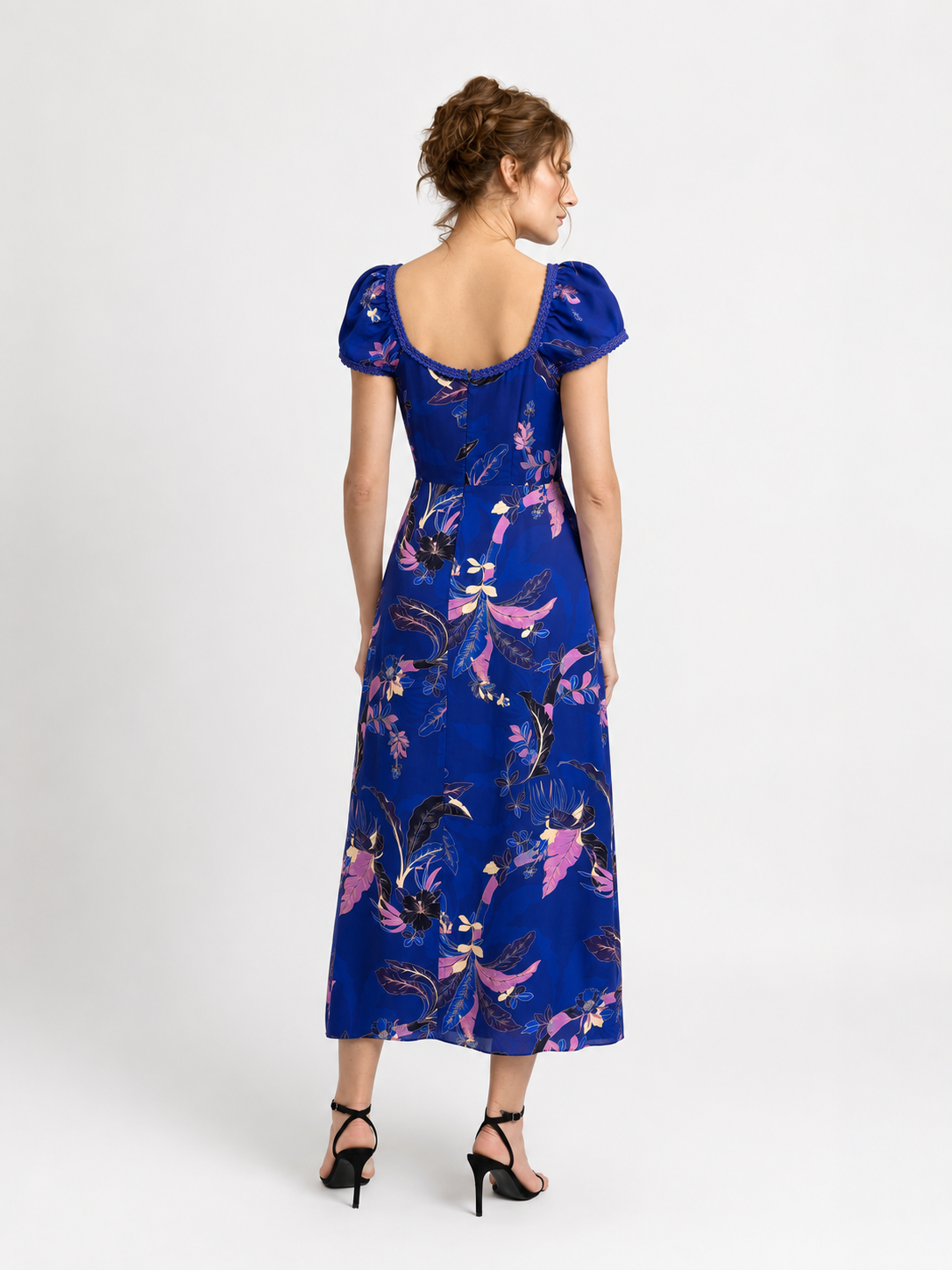 Incarca imaginea in galerie, Rochie Midi Albastru Royal cu Print Floral din Vâscoză