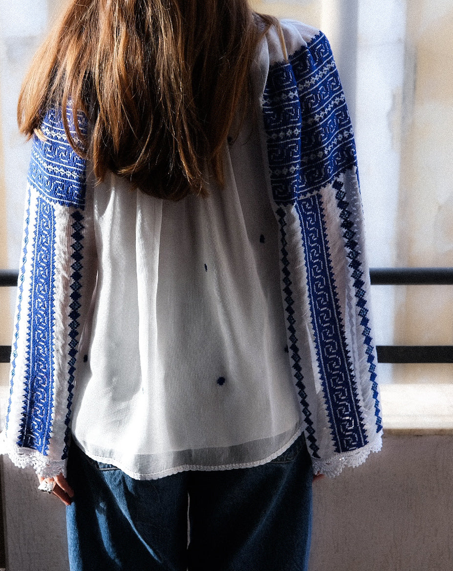 Load image into Gallery viewer, Traditional ie inspired blouse hand-stitched with black thread on silk marquisette