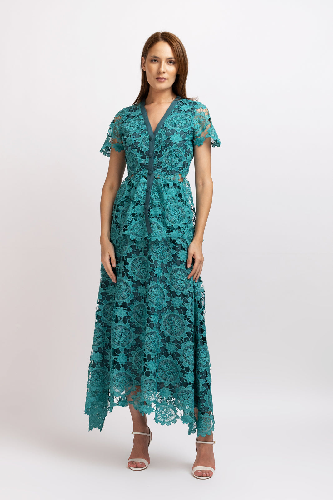 Load image into Gallery viewer, Turquoise cotton lace blouse