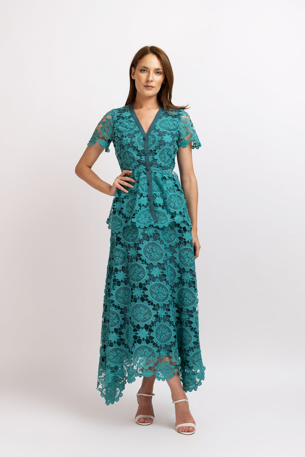 Load image into Gallery viewer, Turquoise cotton lace blouse