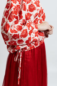 Red printed silk blouse