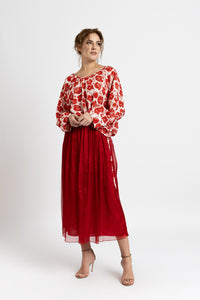 Red printed silk blouse