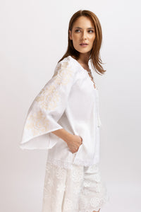 Linen blouse with cream computerized embroidery