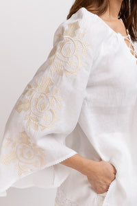 Linen blouse with cream computerized embroidery