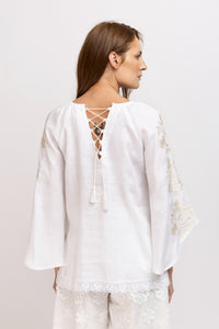 Linen blouse with cream computerized embroidery