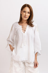 Linen blouse with cream computerized embroidery