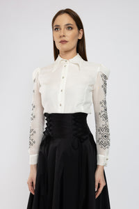 Organza shirt with ivory natural silk and floral embroidery