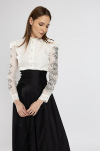 Organza shirt with ivory natural silk and floral embroidery