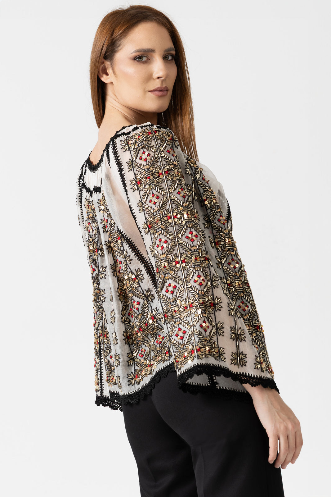 Incarca imaginea in galerie, Bluza tip ie cu margele cusute manual pe organza