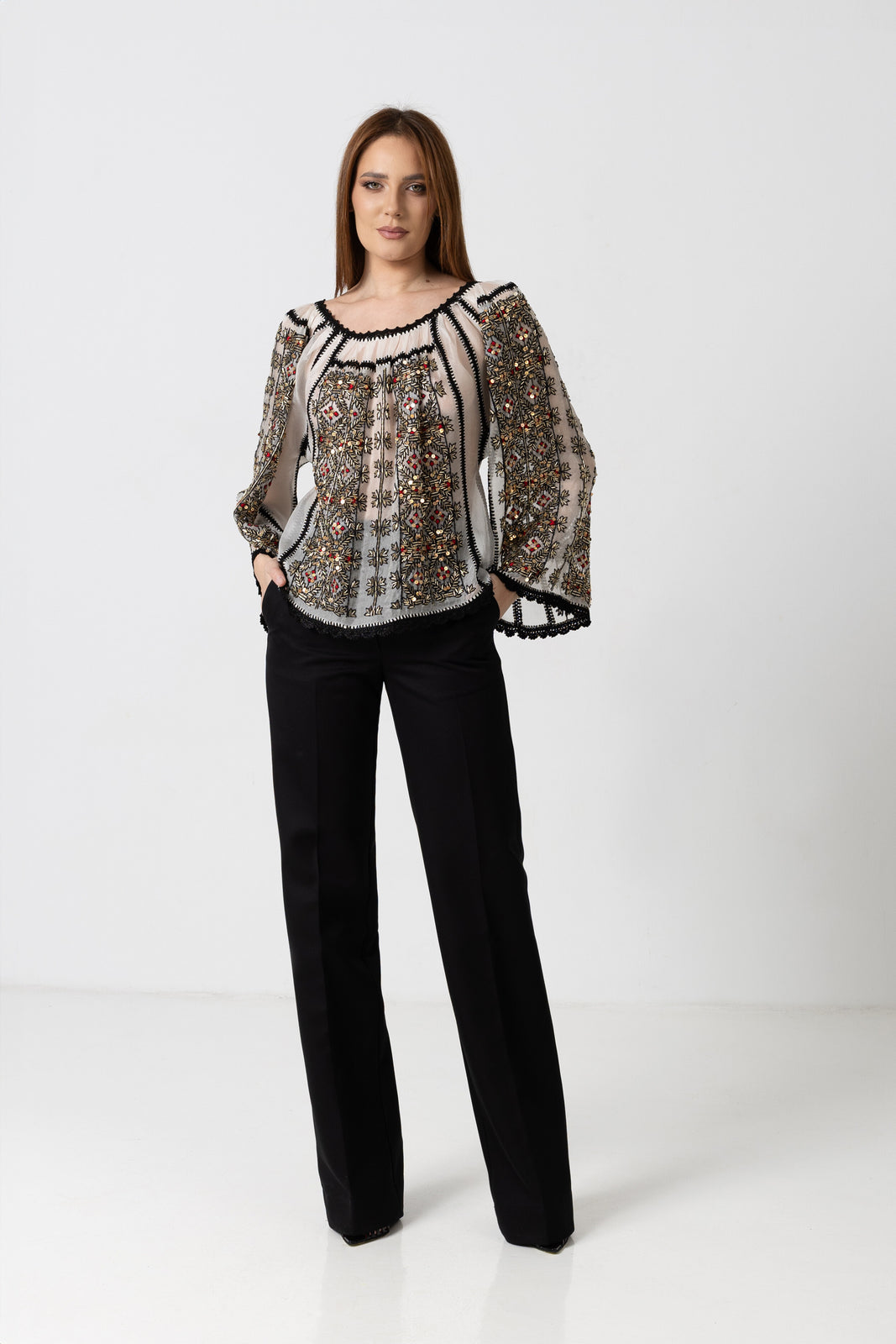 Incarca imaginea in galerie, Bluza tip ie cu margele cusute manual pe organza