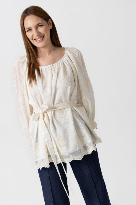 Linen blouse with cream computerized embroidery