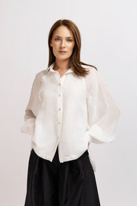 Organza shirt with ivory natural silk and floral embroidery